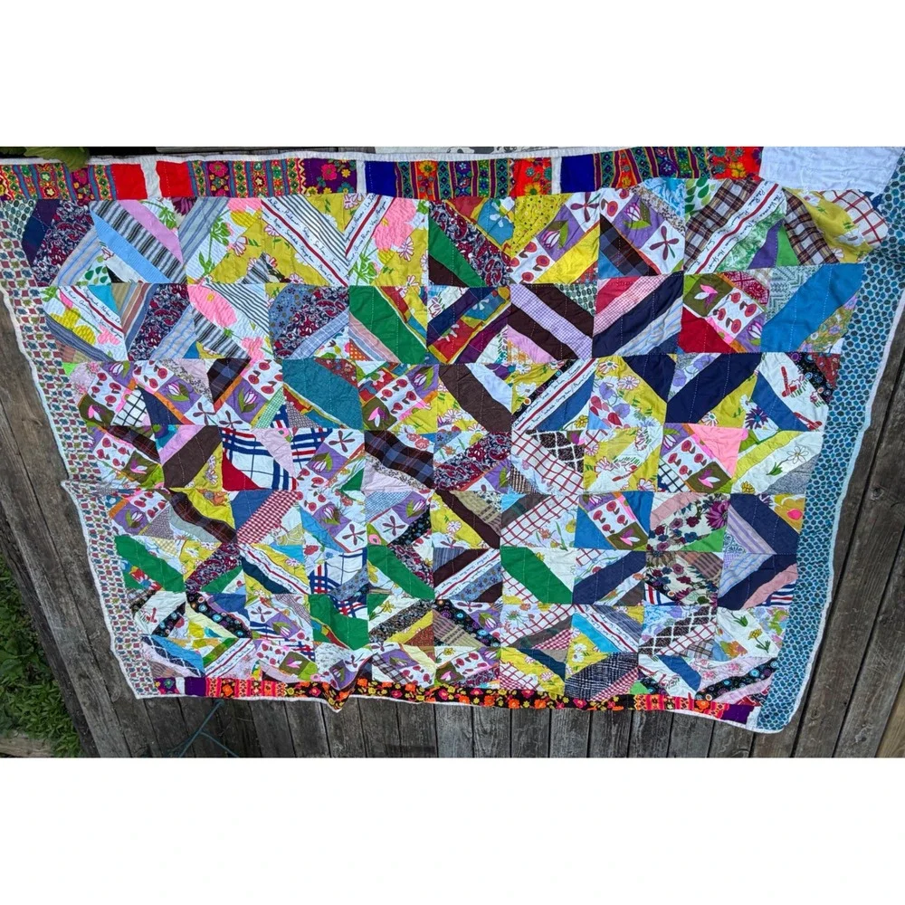 Vintage Handmade Crazy Quilt Patchwork Multi Color Mixed Pattern Folk Art Throw